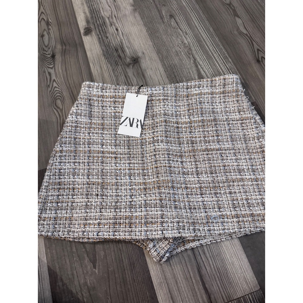 Zara Women Blue Tan White Tweed Boucle Mini Skort Size L 2132/815/330